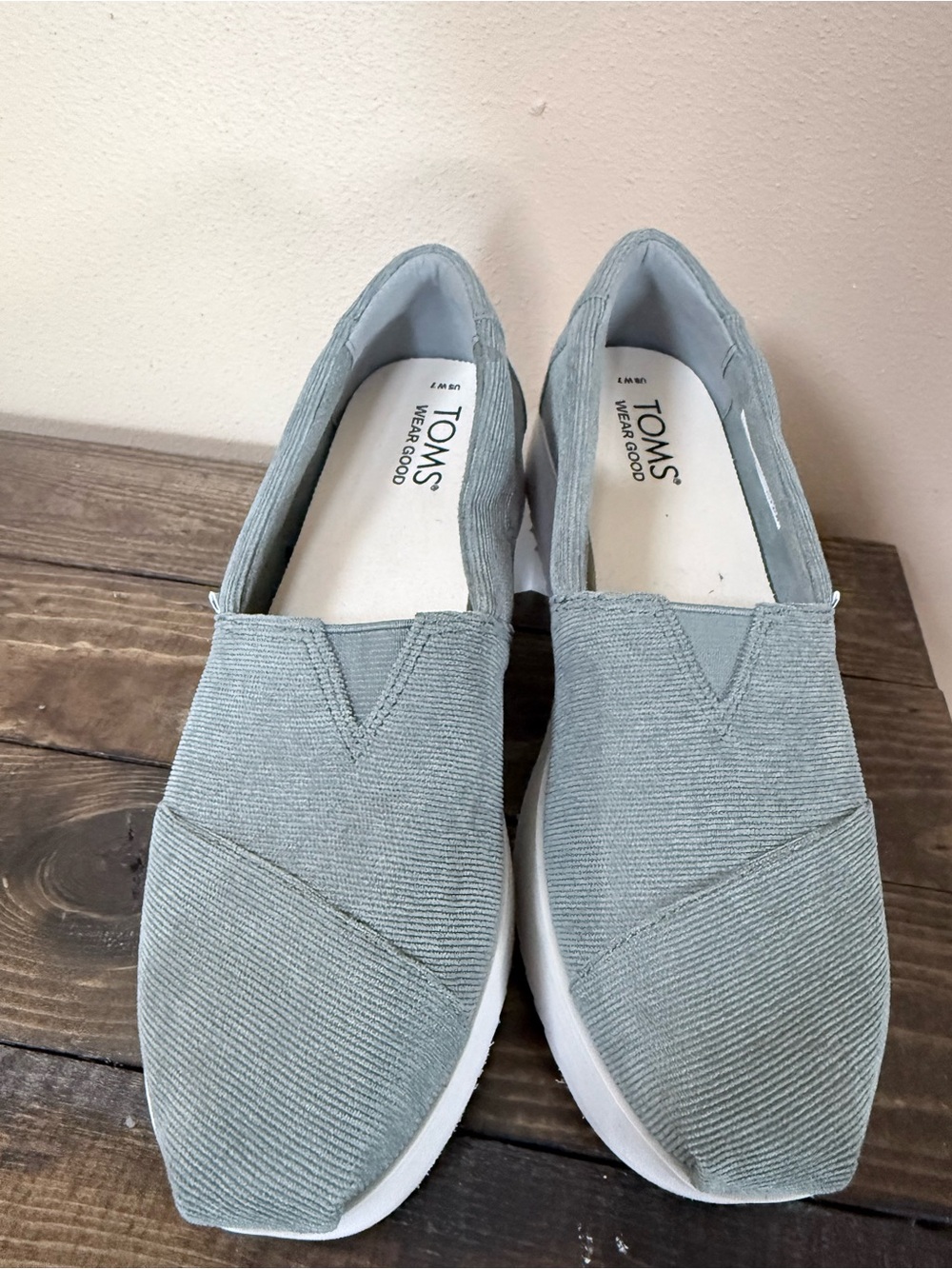 TOMS Corduroy Slip-Ons in Sage Green with White Sole